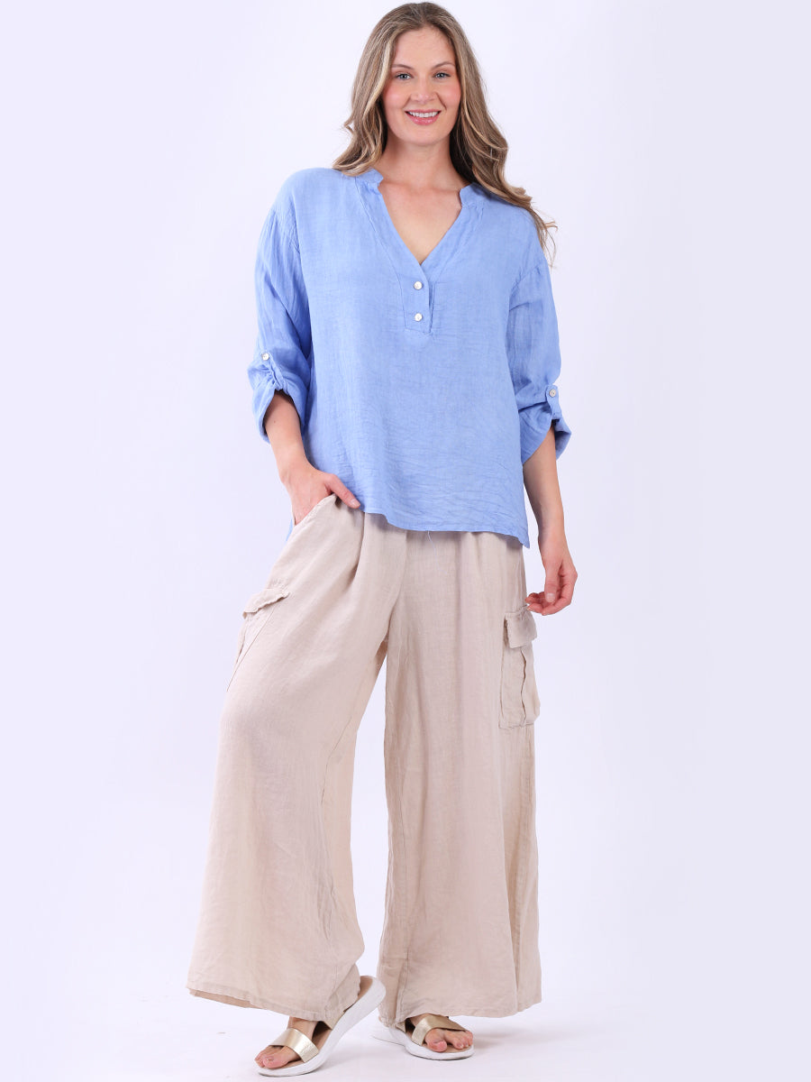 Collarless Linen Baggy Top Denim