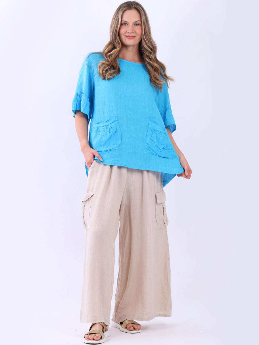 Women Solid Linen Top Azure