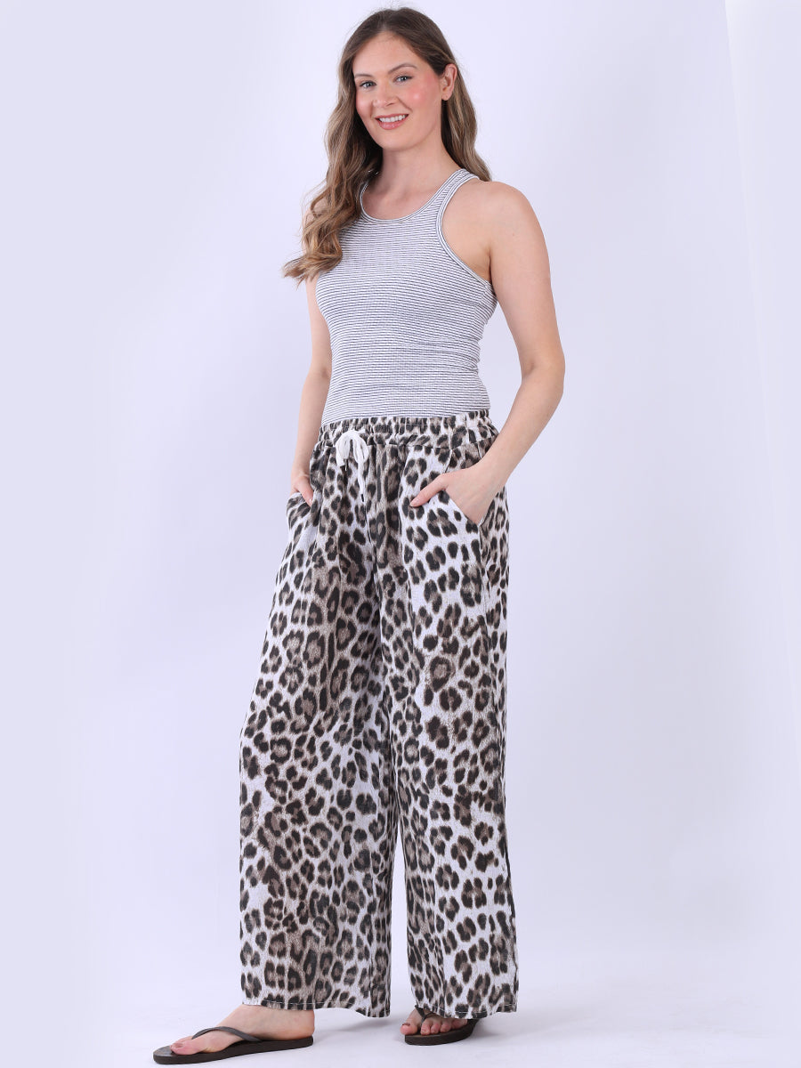 Leopard Print Linen Trouser White