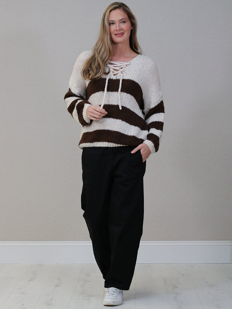 Woolen Knit Stripy Crop Jumper Beige