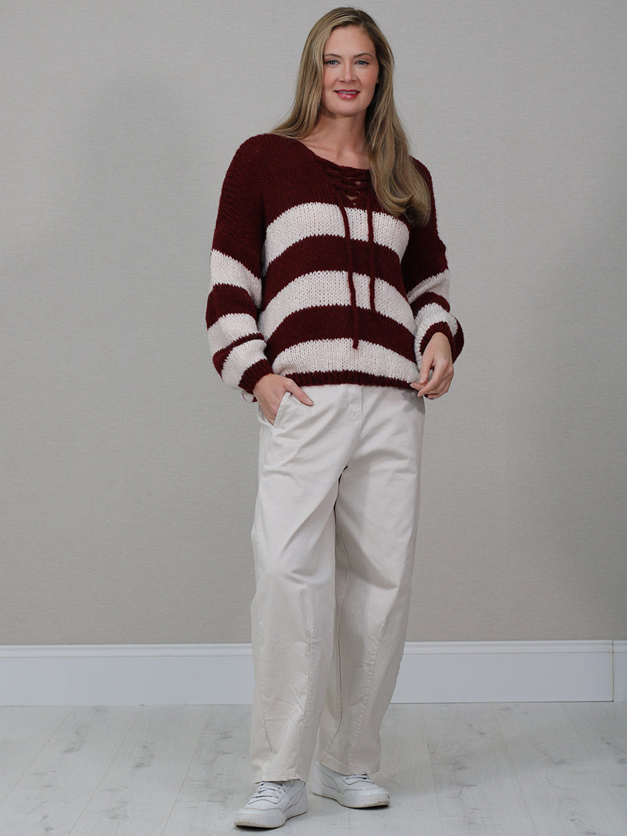 Woolen Knit Stripy Crop Jumper Wine
