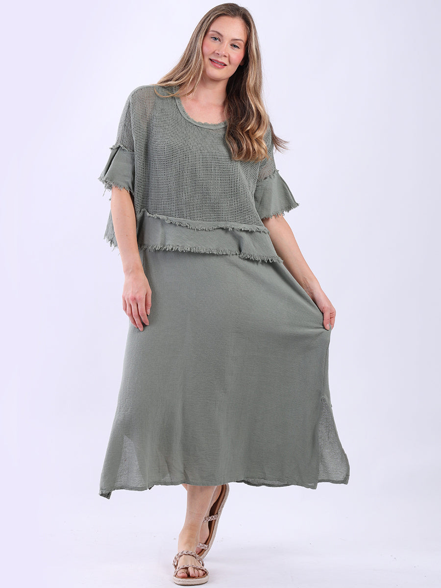 Mesh Net Cotton Dress Khaki