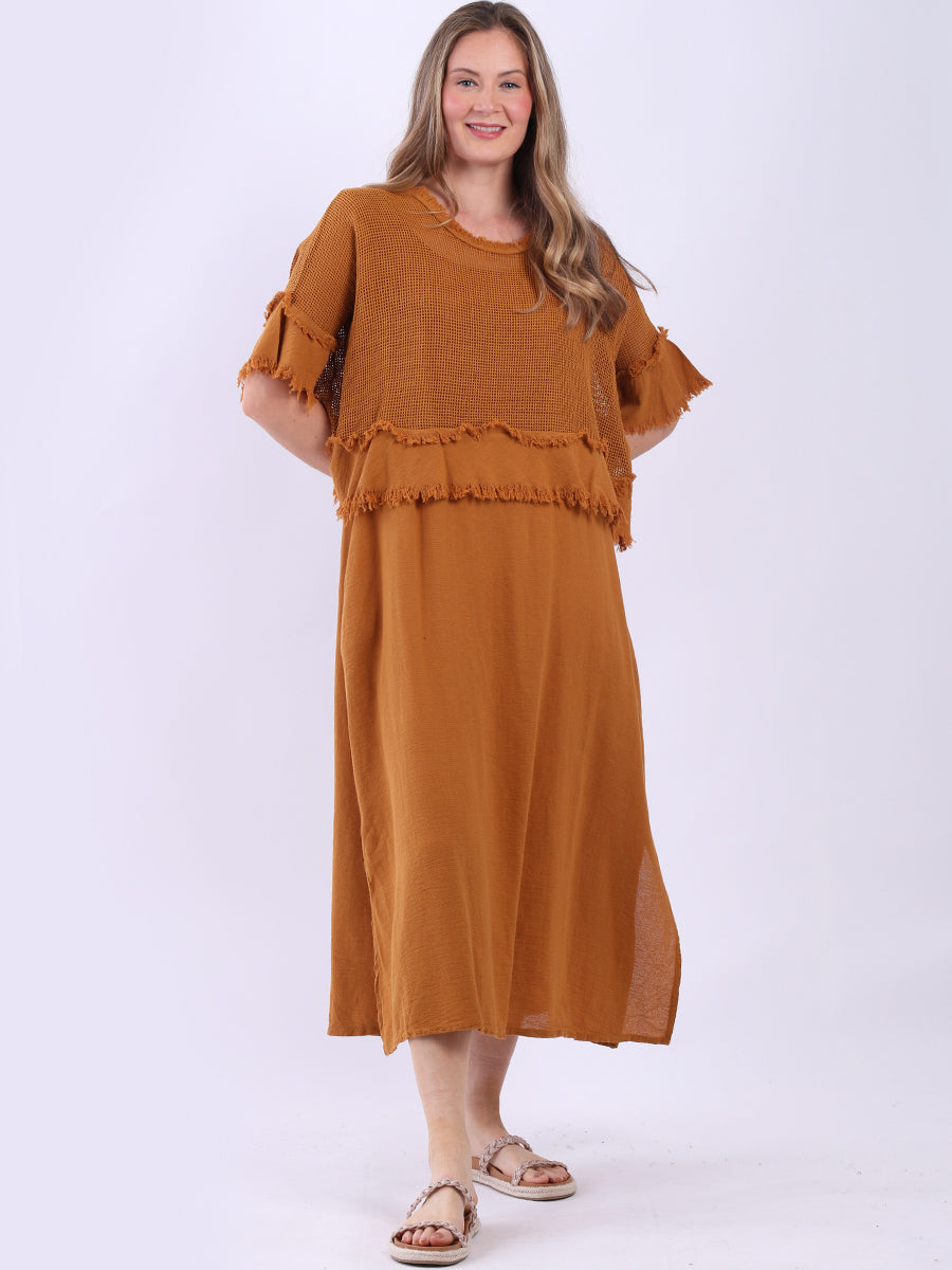 Mesh Net Cotton Dress Mustard