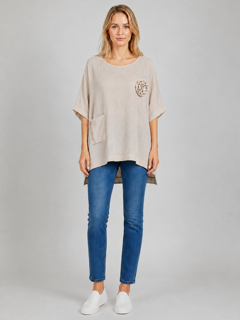 Flower Applique Baggy Shirt Beige