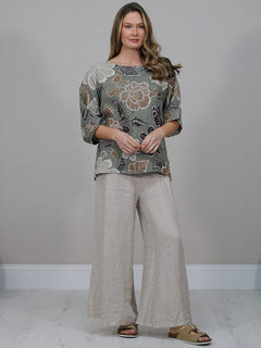  Floral Print Linen Top Khaki