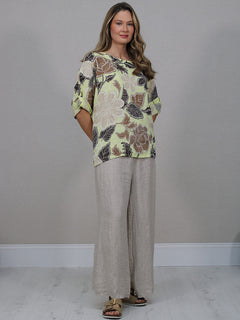  Floral Print Linen Top Yellow