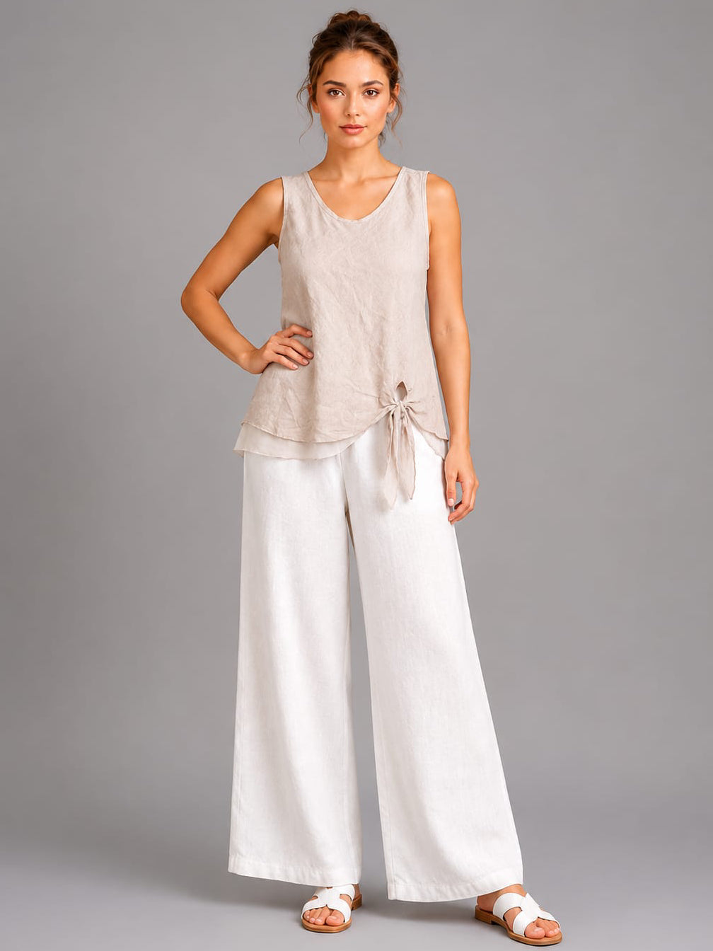 Plain Linen Vest Top Beige