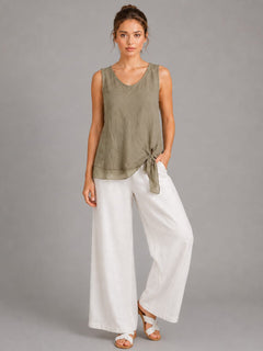 Plain Linen Vest Top Khaki