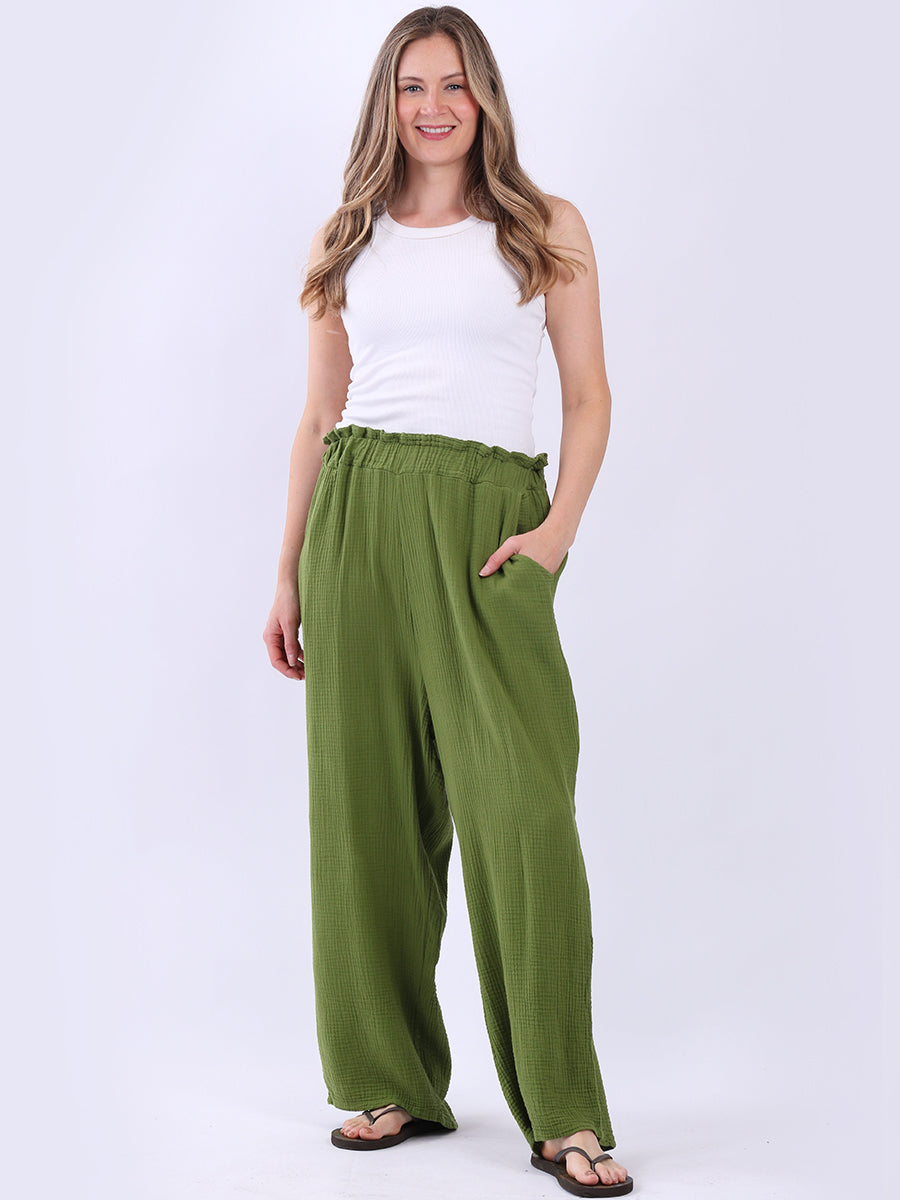 Plain Wide Leg Cotton Trouser Olive