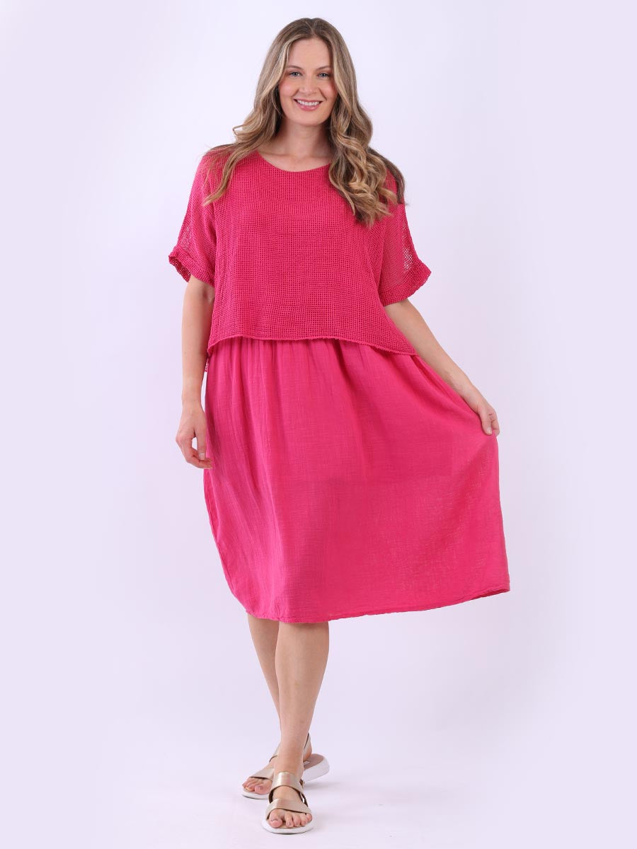 Mesh Net Cotton Midi Dress Coral