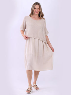 Mesh Net Cotton Midi Dress Beige