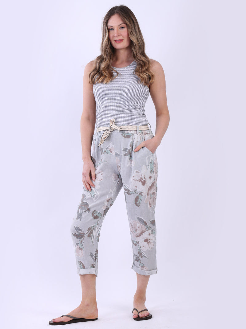 Floral Print Ladies Linen Trouser Grey