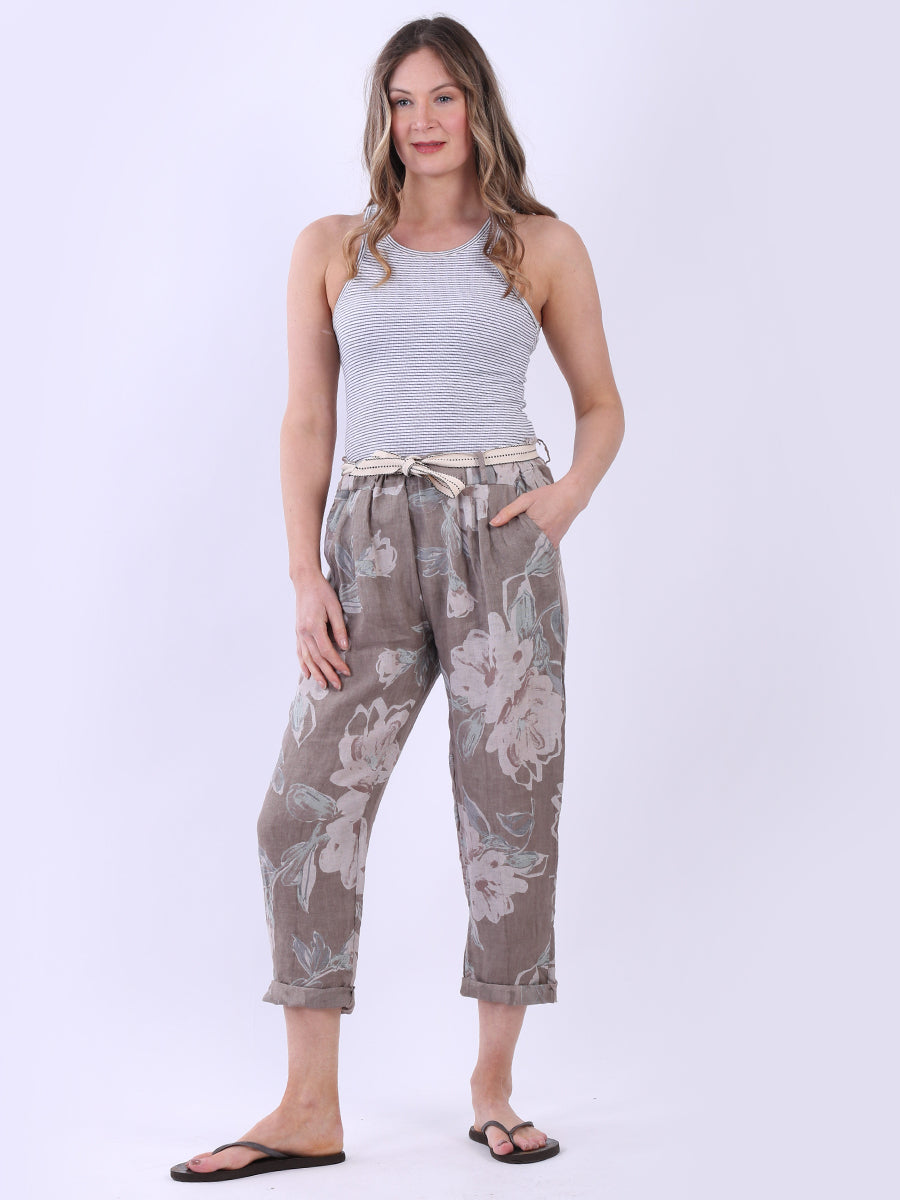 Floral Print Ladies Linen Trouser Mocha