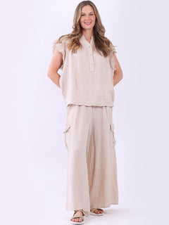 Linen Lagenlook Ruffle Blouse Beige