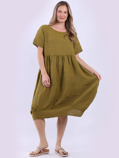 Linen Lagenlook Midi Swing Dress Olive