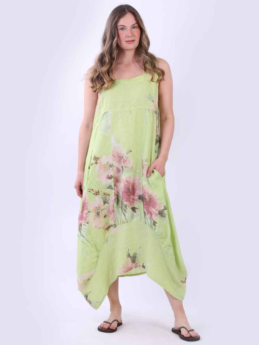 Sleeveless Floral Linen Sundress Lime Green