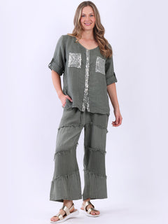 Linen Sequin Top Khaki