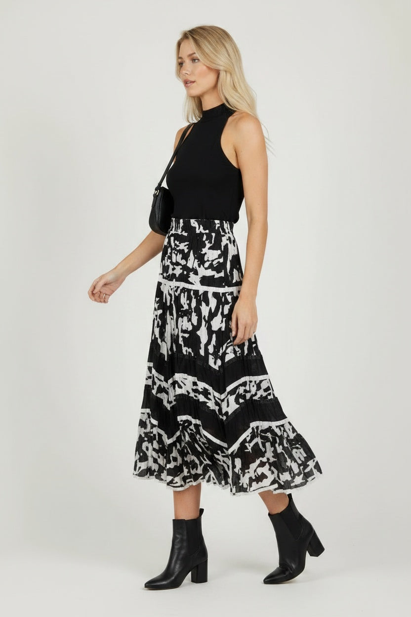 Italian Cotton Tiered Abstract Print Skirt