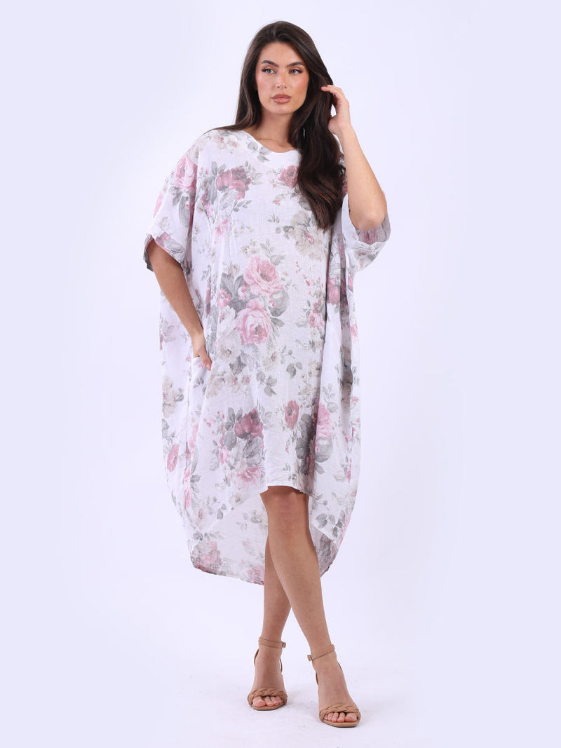 Oversized Floral Linen Dress White