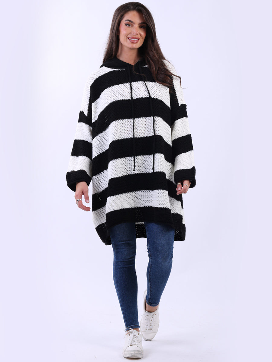 Stripy Plus Size Batwing Chunky Knit Hooded Jumper