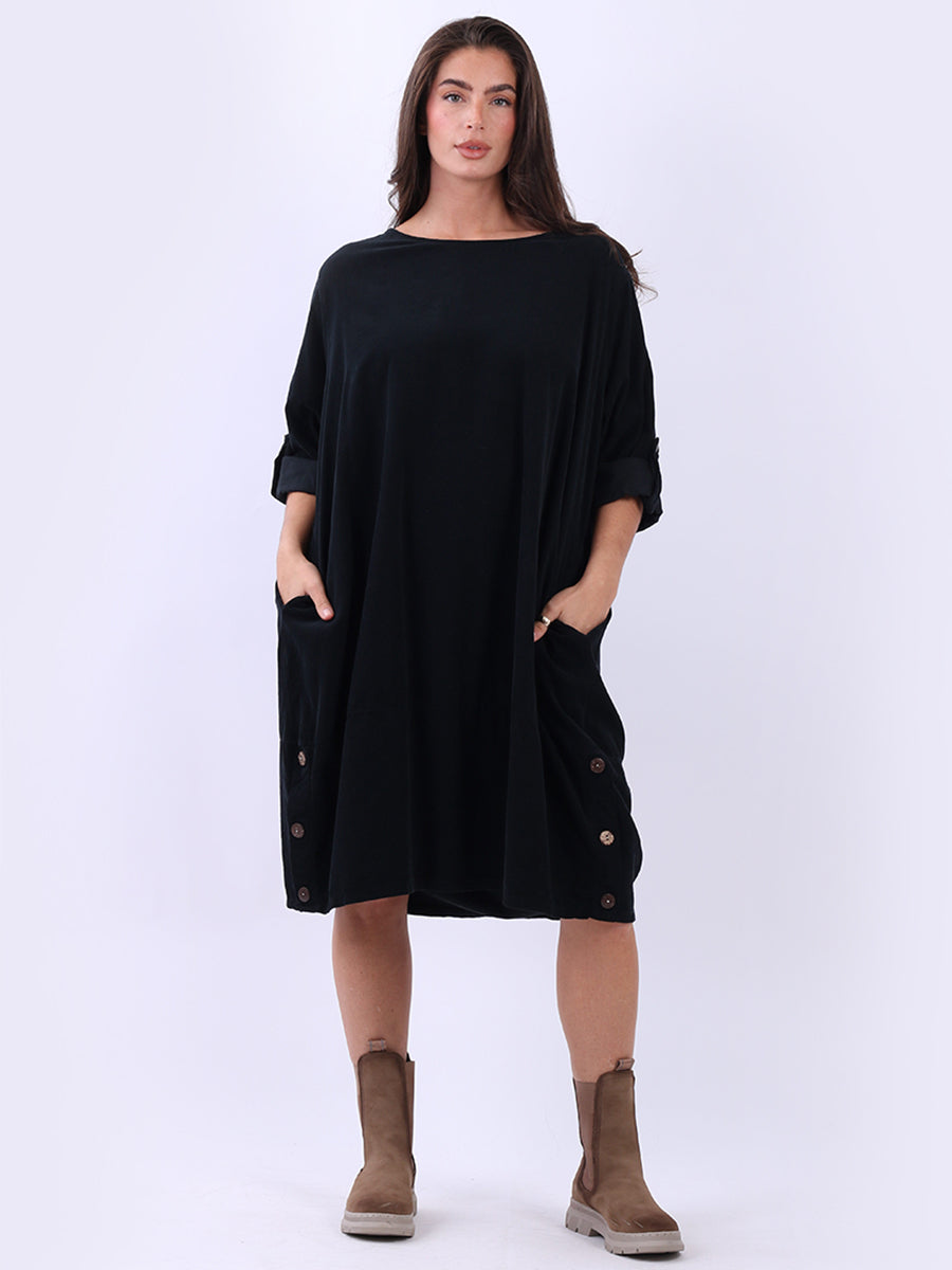 Solid Cotton Corduroy Dress Black