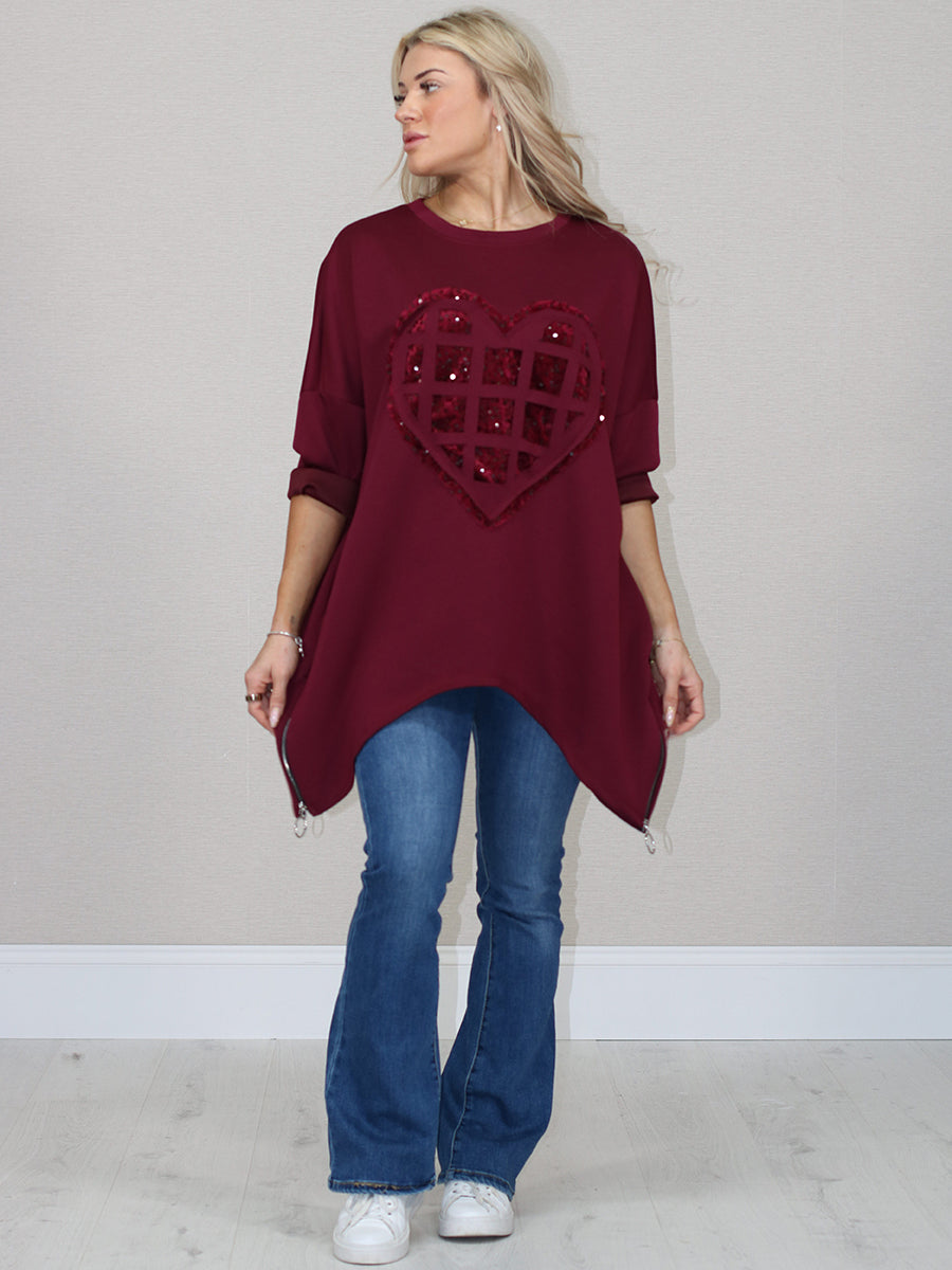Oversized Sequin Heart Fancy T-Shirt