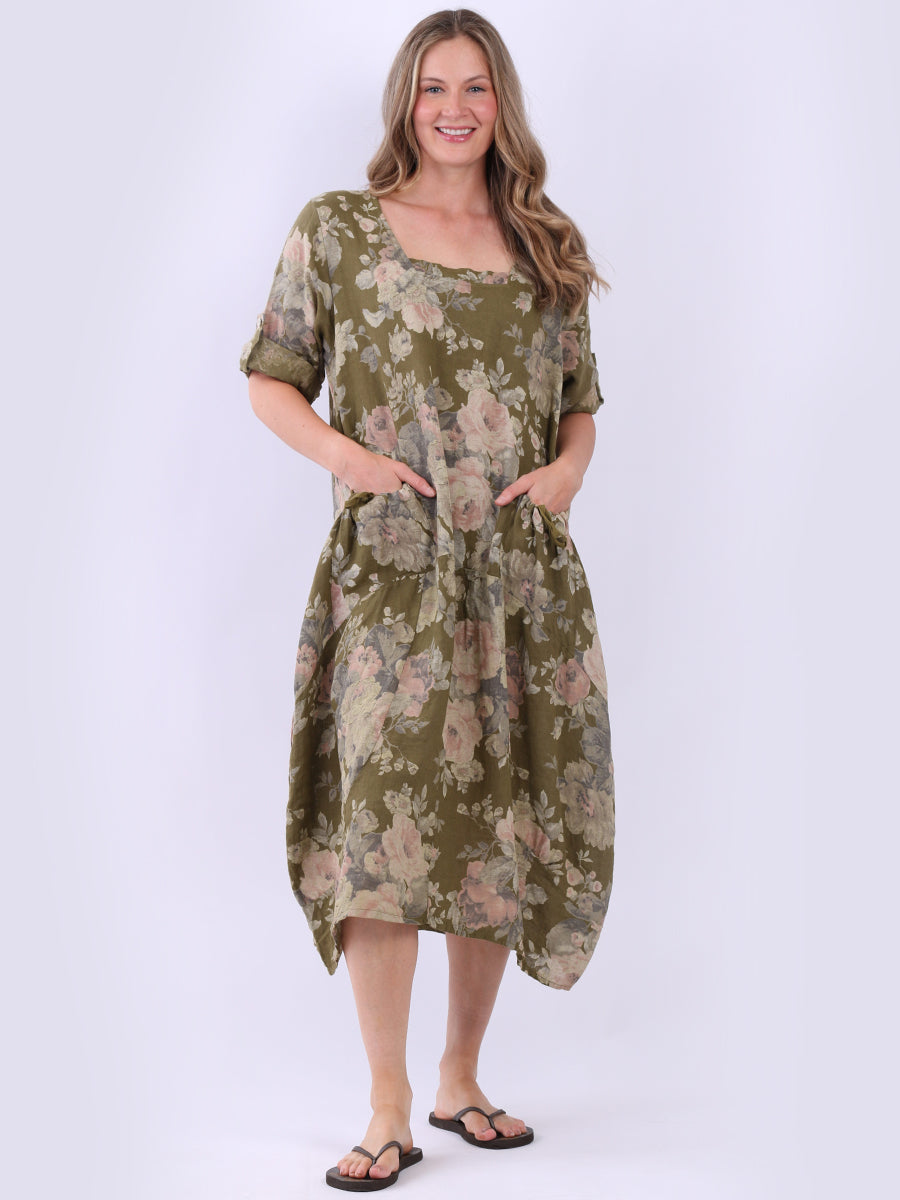 Floral Linen Dress Olive