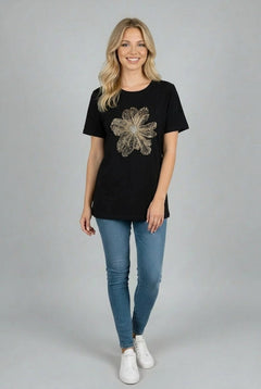 Sequin Flower Baggy T-Shirt Black