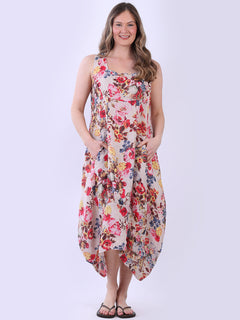 Floral Linen Dress Beige