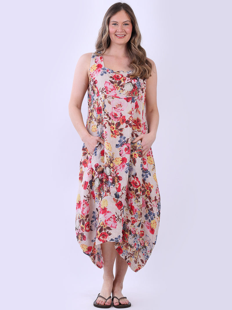 Floral Linen Dress Beige