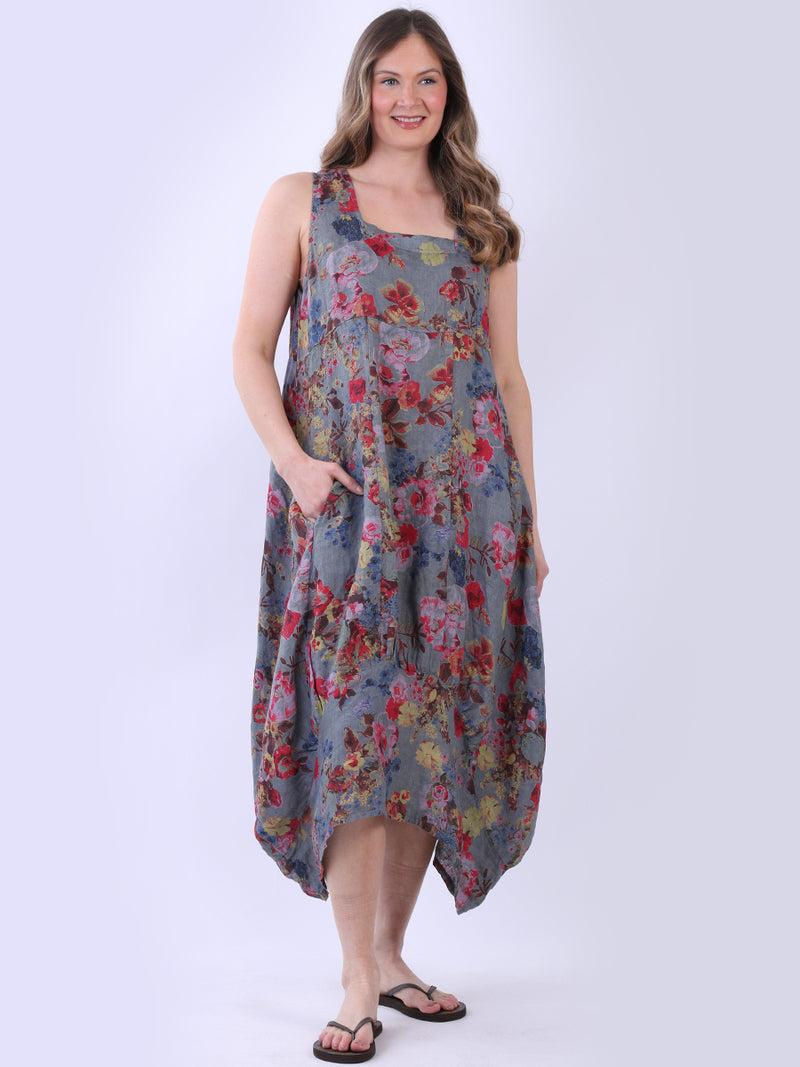 Floral Linen Dress Grey