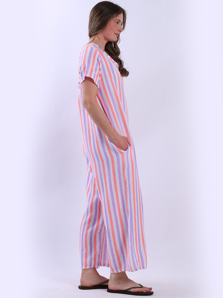Stripy Print Wide Leg Cotton Jumpsuit