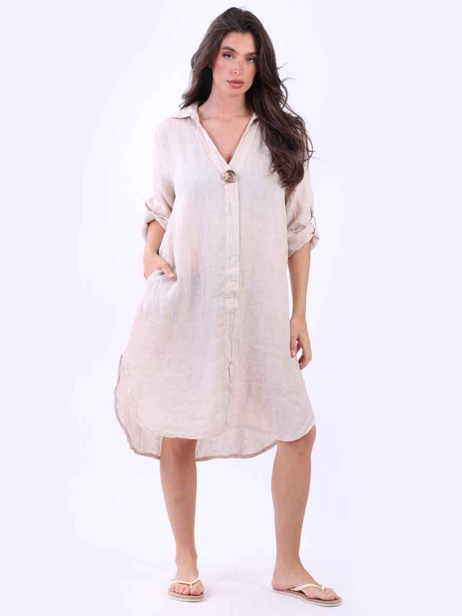 Plain Linen Dress Beige