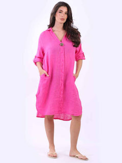 Plain Linen Dress Fuchsia