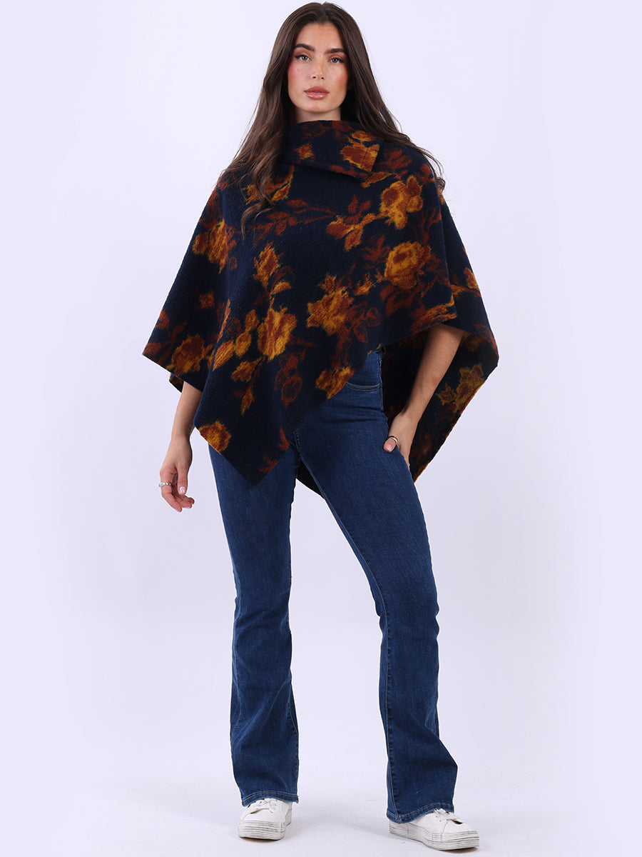 Floral Knitted Wooly Poncho Navy
