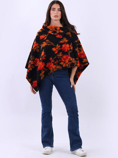 Floral Knitted Wooly Poncho Orange