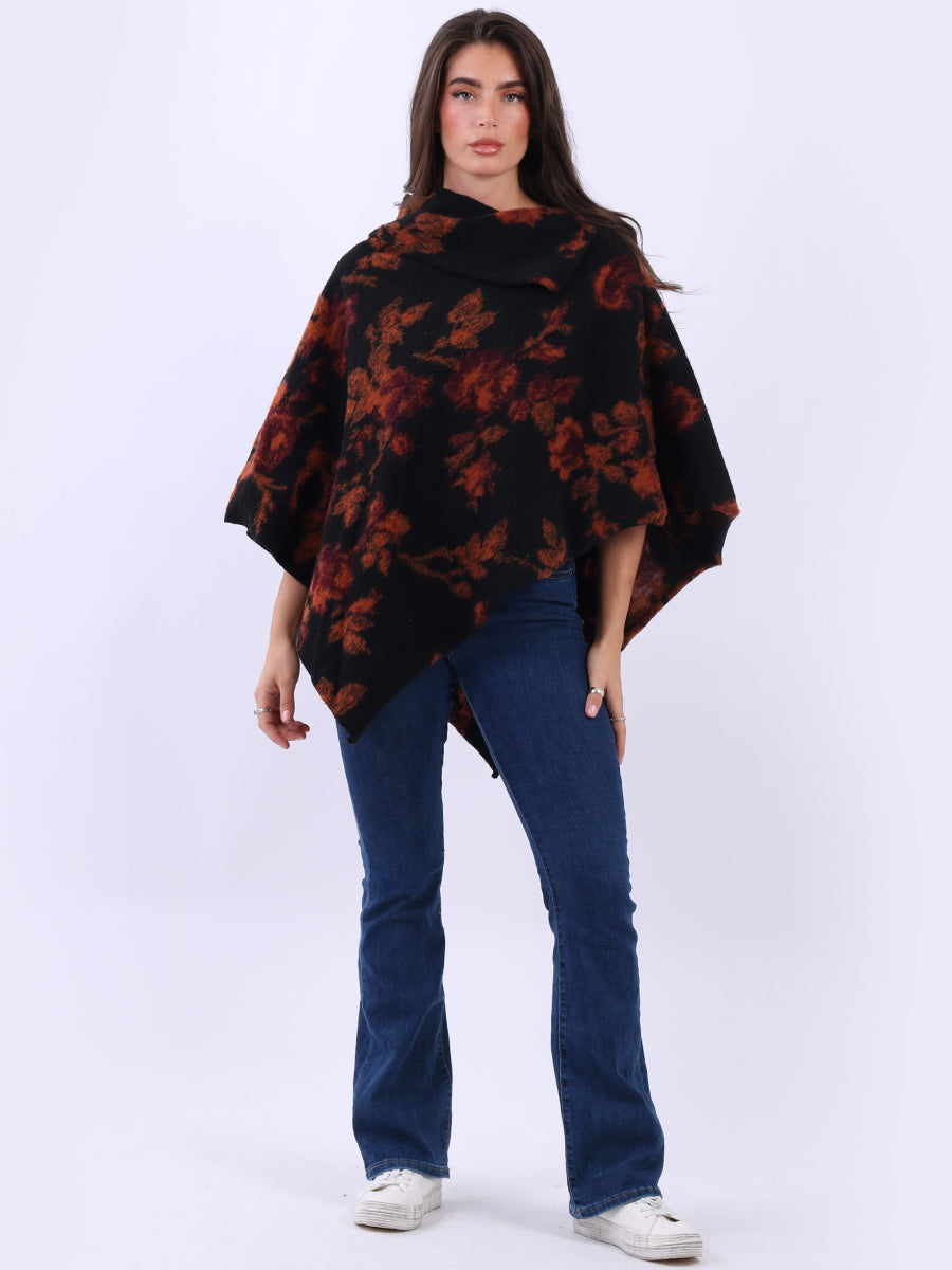 Floral Knitted Wooly Poncho Rust