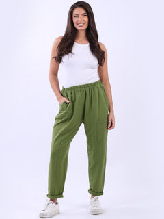 Women Solid Cotton Pant Olive