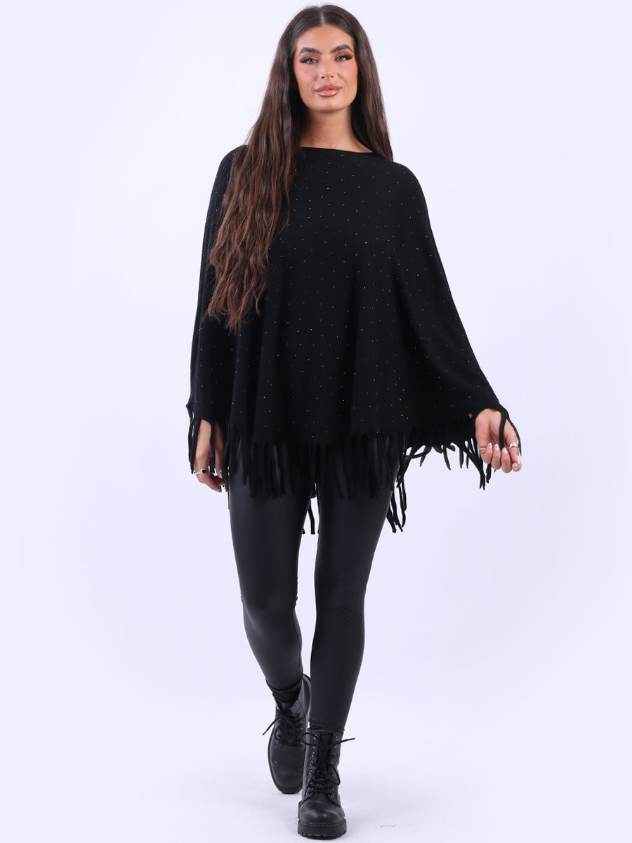 Glittery Women Knitted Poncho Black
