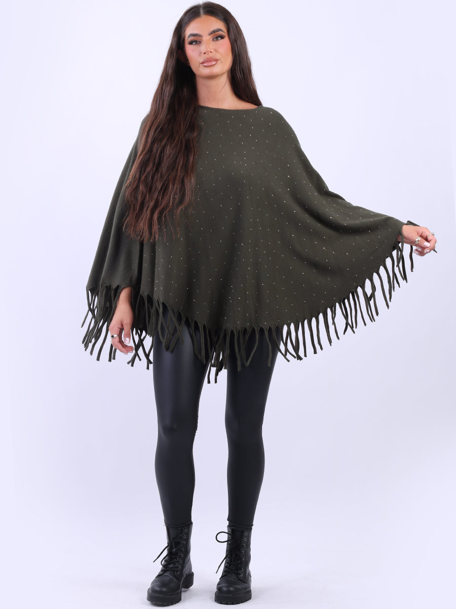 Glittery Women Knitted Poncho Khaki