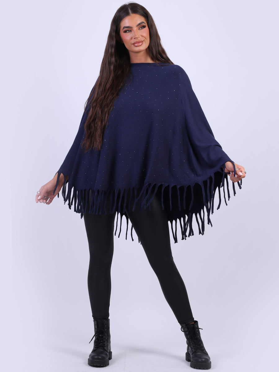Glittery Women Knitted Poncho Navy