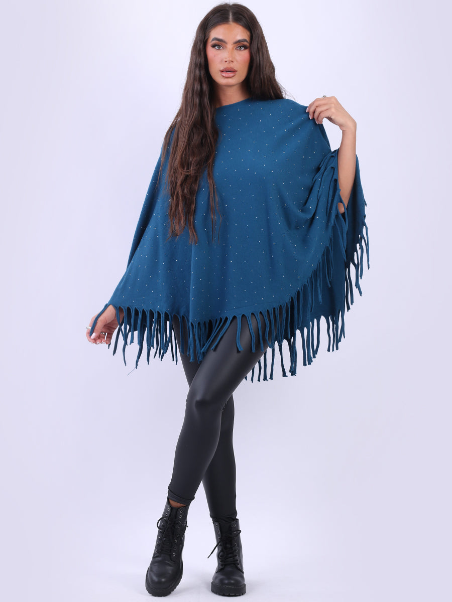 Glittery Women Knitted Poncho Teal