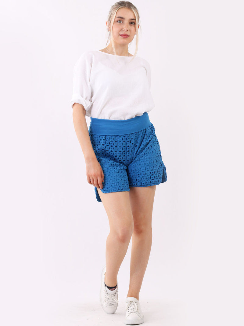 Cotton Broderie Mini Shorts Royal Blue