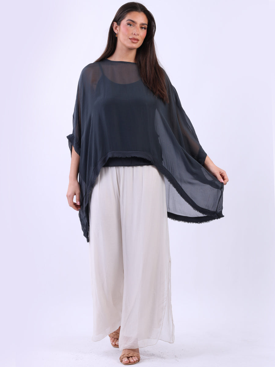 Batwing Solid Silk Top Charcoal