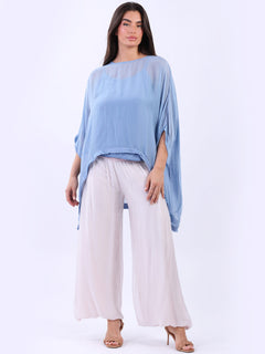 Batwing Solid Silk Top Denim