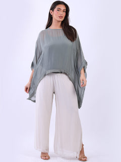 Batwing Solid Silk Top  khaki