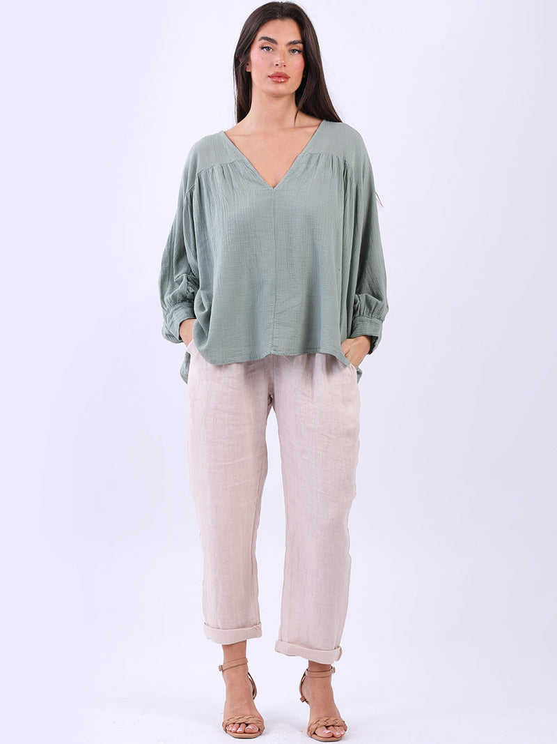 Batwing Cotton Crop Blouse Khaki