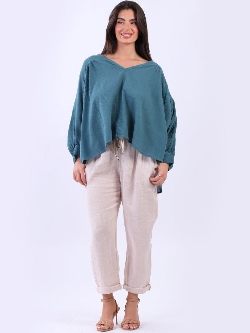 Batwing Cotton Crop Blouse Teal