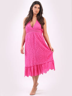 Lagenlook Halter Midi Dress Fuchsia