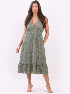 Lagenlook Halter Midi Dress Khaki